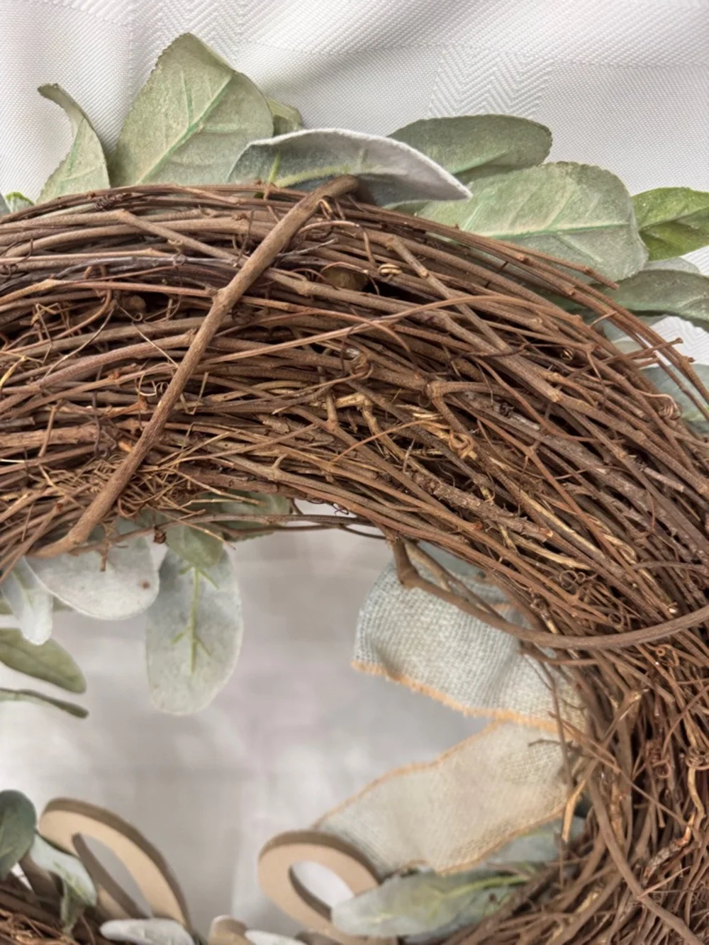 Farmhouse 'Hello' Cotton and Greenery Wreath with Blue Burlap Bow